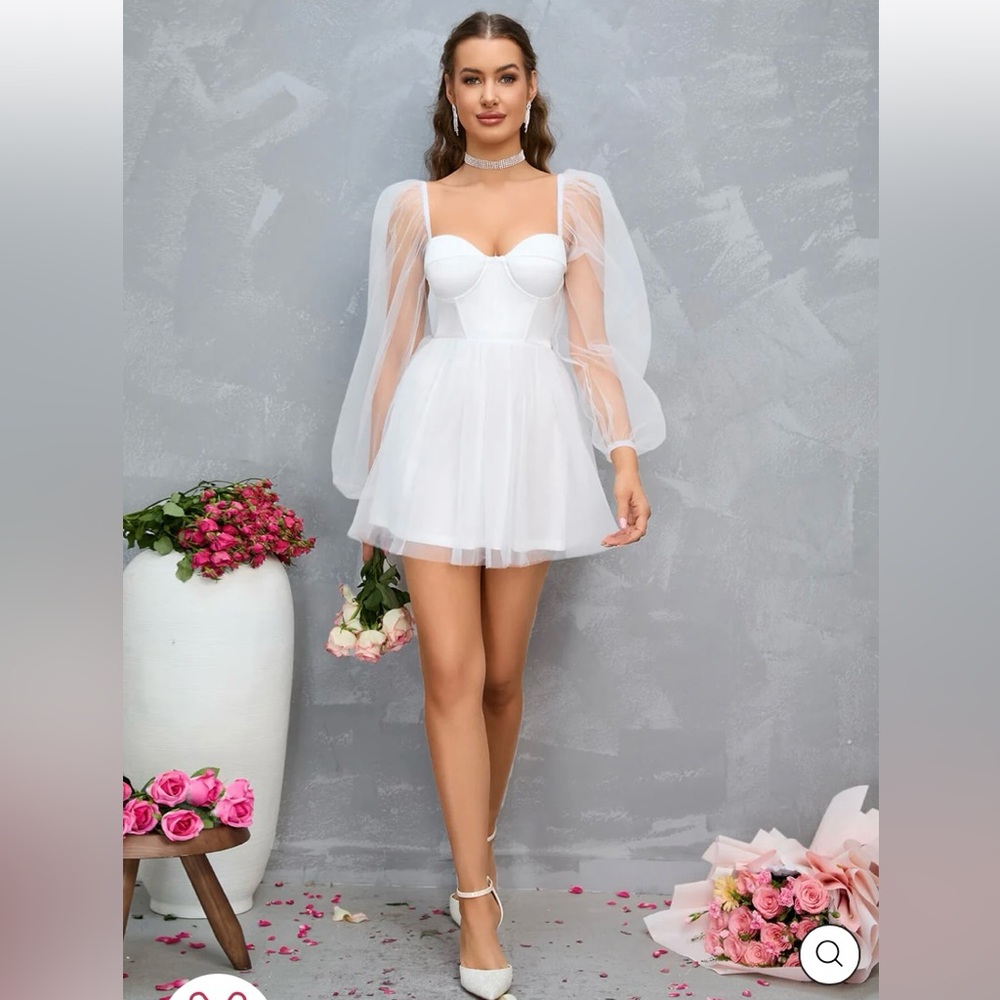 Parthea White Sweetheart Neck Lantern Sleeve Mesh Overlay Bustier Short Dress